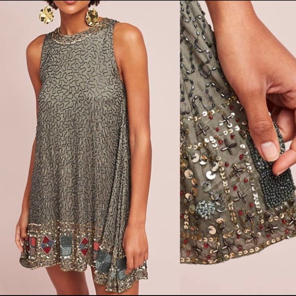 Anthropologie Raga Beaded Green Hanna Swing Mini Dress Size XL